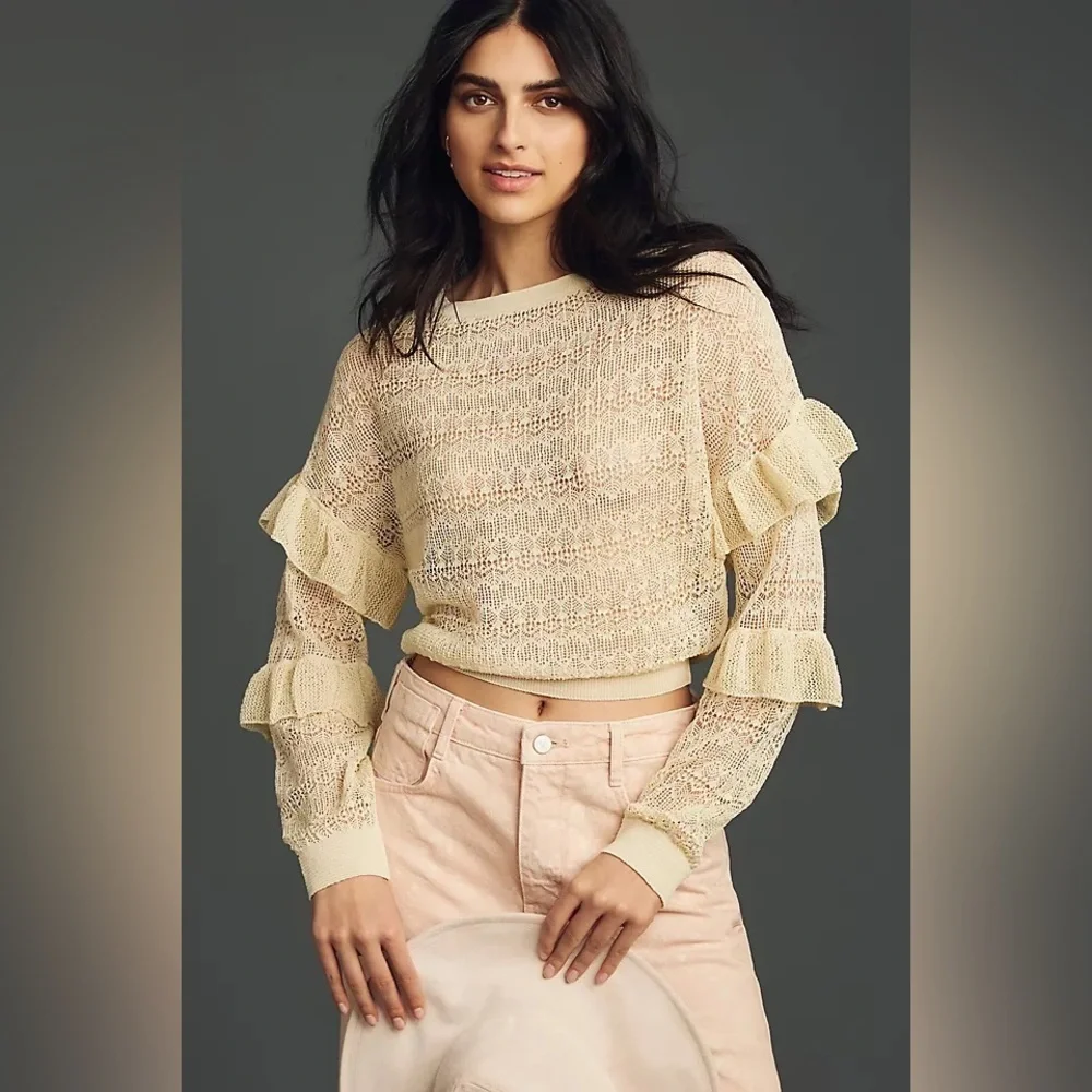 NWT By Anthropologie Sheer Open-Stitch Ruffle Pullover Sweater Medium Y2K
